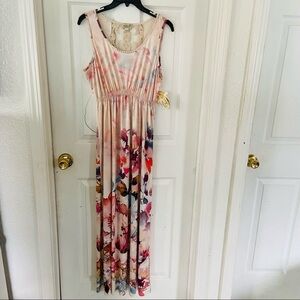 NWT ONE WORLD colorful studded floral pink maxi lace back dress SIZE small